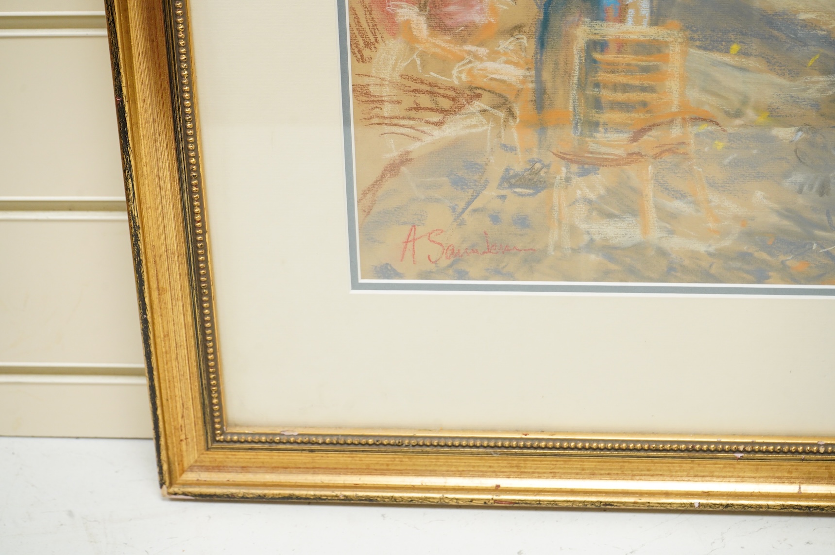 Modern British, Street scene with seated figures, indistinctly signed lower left, pastel, 69 x 49cm